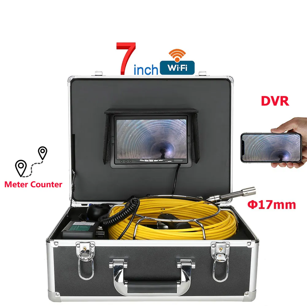 7" Monitor Wifi 20M-50M Sewer Pipe Inspection Video Camera 17mm 8GB SD Card DVR IP68 Drain Sewer Pipeline Industrial Endoscope
