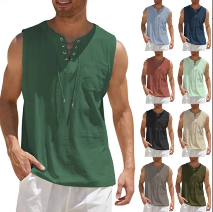2024 Hot Bán Người Đàn Ông Mới Của Tank Top Áo Sơ Mi Với Tie up Thời Trang Màu Rắn Cotton Linen Ngắn Tay Áo T-Shirt