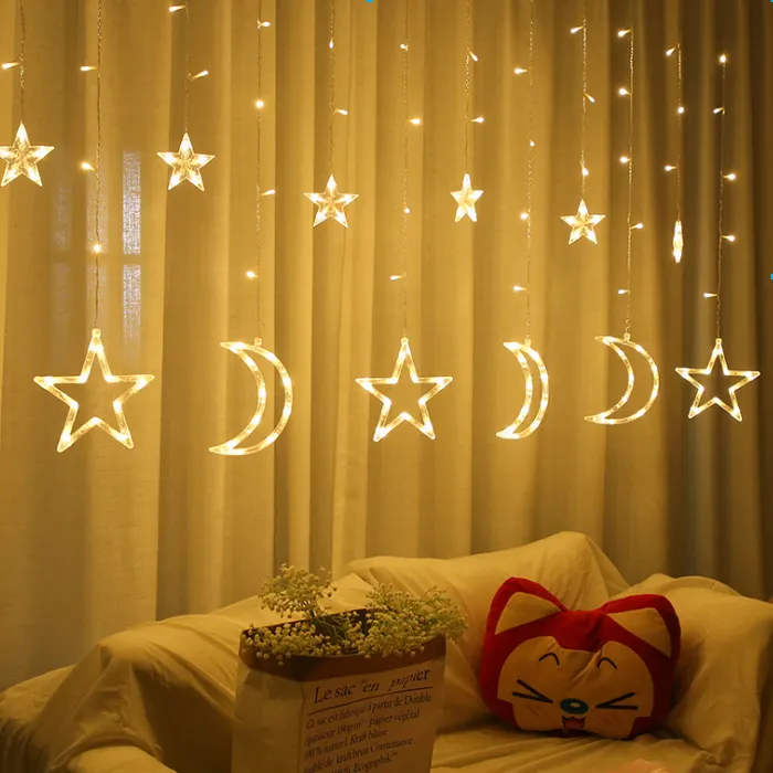 Hot sale Holiday 138 Led 3.5m 8 Modes Waterproof Star Moon Fairy String Light Christmas Curtain Lights