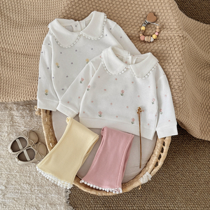 Lässige Frühlings-Herbst-Blumen stickerei im koreanischen Stil Strick anzug Damen-Revers Langärmlige Schlag hose Zweiteilige Kammgarn - Product Image 1