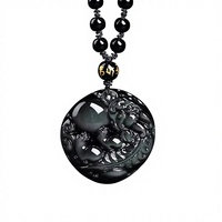 Collier Pendentif Pixiu en Obsidienne Naturelle Unisexe, Attire la Richesse et Équilibre la Fortune, Protection, Chaîne en Bambou, Minimaliste