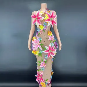 Женское платье для фитнеса и вечеринки, длинное Сетчатое платье с цветочным узором, танцевальный костюм для выступлений