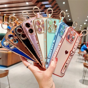 Funda de Teléfono Móvil con Correa de Muñeca de Lujo para iPhone 16 15 14 13, Funda Electrochapada para iPhone 15 Pro Max, Diseño Lindo para Chicas - Product Image 1