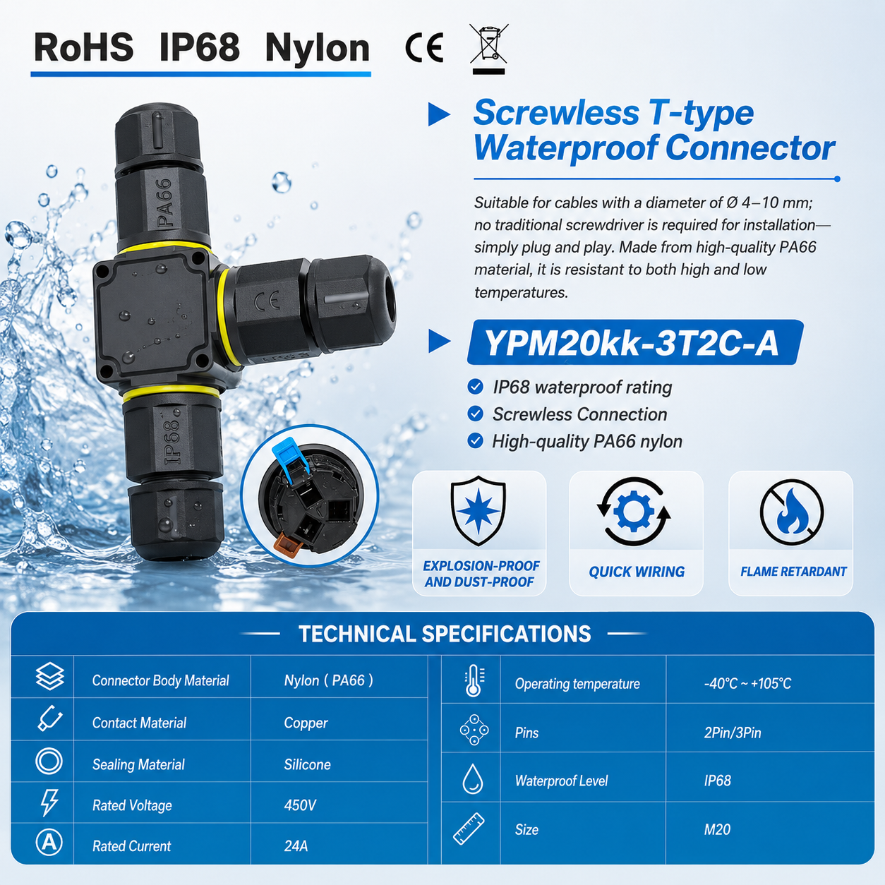 M20 IP68 Screwless 3 Way T-Shape Waterproof Cable Connector