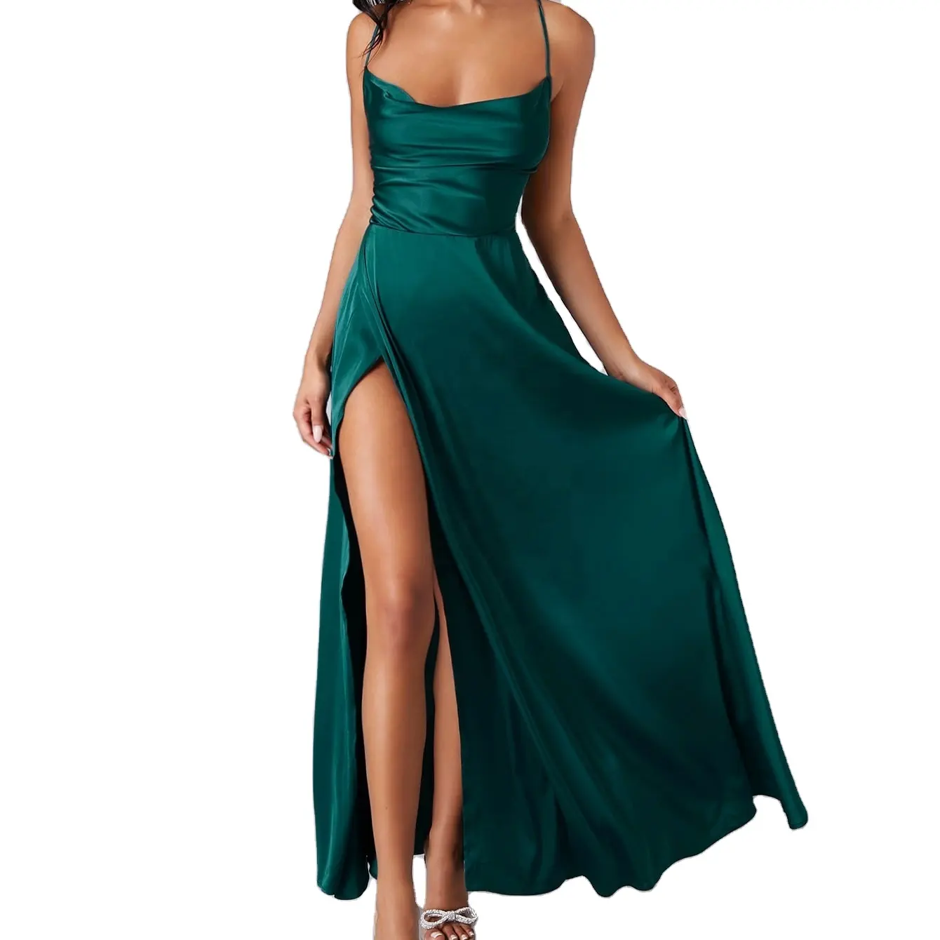 Elegant Women Cowl Neck Crisscross Backless Split Wrap Maxi Satin Slip Prom Dress
