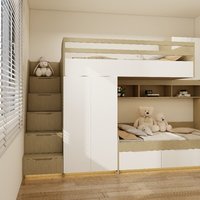 Ensemble de meubles modernes pour chambre d'enfant : lit superposé en bois sur mesure avec armoire, bibliothèque, tiroirs de rangement, design gain de place