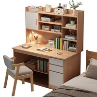 Bureau d'étude moderne et simple avec grand espace de rangement, étagère géante et surface en bois pour étudiants