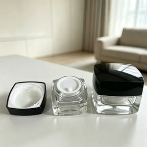 2026 Square Transparent <b>Glass</b> Cosmetic <b>Jar</b> With Black Plastic <b>Lid</b> 30ml 50ml Empty Container For Cream Makeup Storage - Product Image 2