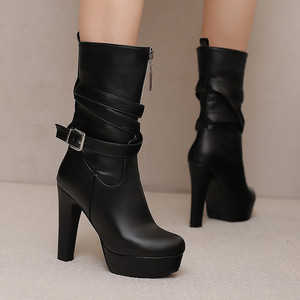Women's Autumn Winter Fashion High Heels <b>Ankle</b> Boots PU Upper Rubber Outsole ZIP Buckle Strap Closure Solid Toe Convenient Wear - Product Image 4