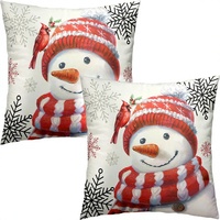Housses de coussin de Noël et de fêtes d'hiver motif Bonhomme de neige 18x18, lot de 2, rouge, avec motif Bonhomme de neige, oiseau cardinal et flocon de neige, en mélange de coton, avec fermeture éclair
