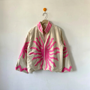 bohemian White <b>Velvet</b> Suzani <b>Jacket</b> With Pink Sun Embroidery Pattern Full Sleeve Stand Collar Bohemian <b>Women's</b> Autumn Outerwear - Product Image 1