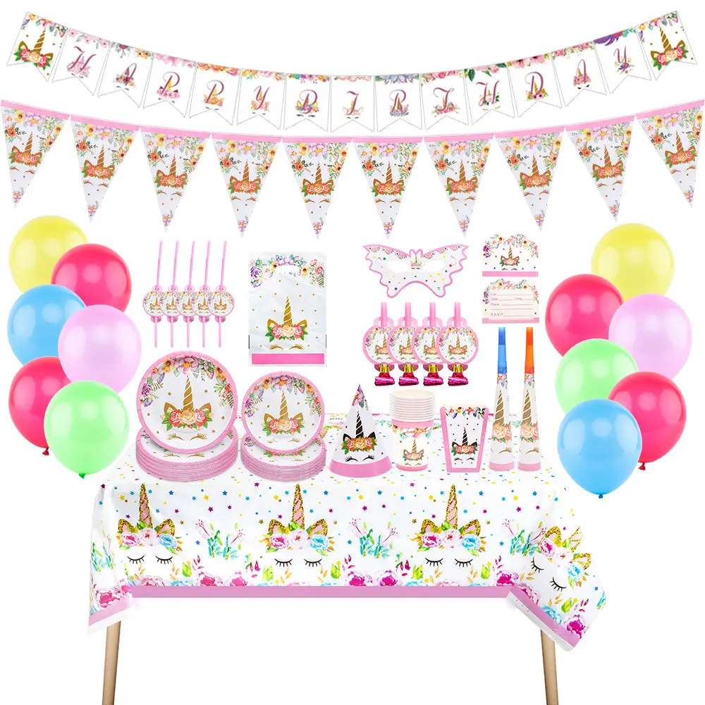 Produits tendance décoration de baptême 2023 fleur de dessin animé licorne ensemble de vaisselle fournitures de fête d'anniversaire assiettes en papier gobelets en papier