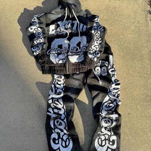 ชุดกีฬาผู้ชายแบบซิปสั่งทำพิเศษ ผงสำหรับพิมพ์ลายพัฟฟ์ ผ้าเทอร์รี่ เสื้อฮู้ด กางเกงวอร์ม กันลม สไตล์ฮิปฮอป สำหรับฤดูหนาว - Product Image 1