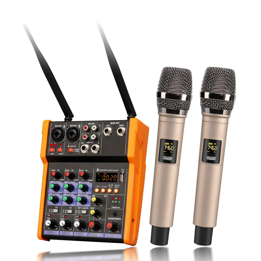 Mixer Audio Mini 4 Saluran dengan Mikrofon Nirkabel UHF Input USB MP3 48V Phantom Power Audio Digital Mixer Suara