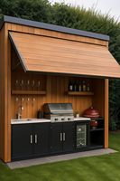 Îlot de cuisine extérieur modulaire en acier inoxydable 304 avec barbecue à gaz intégré, évier, réfrigérateur, four à pizza et armoires de rangement