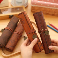 Pochette à crayons enroulable en cuir PU vintage, grande capacité, organiseur de rangement pour stylos, papeterie portable pour l'école et le bureau