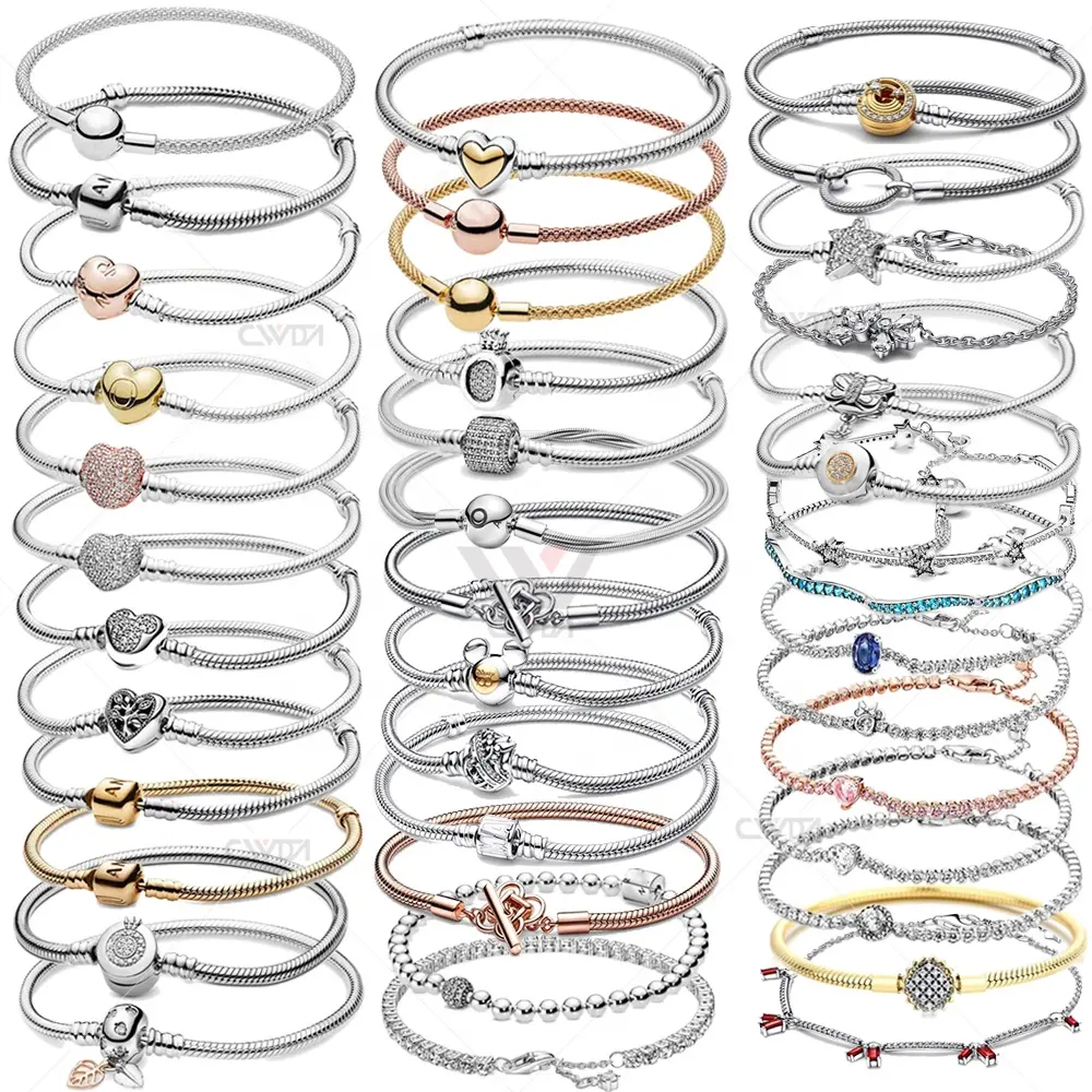 925 Sterling Silver Snake Chain Bracelet Secure Heart Beads Charms Bracelet For Pandoraer Bracelet Women DIY Jewelry Making