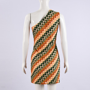 Women's One-Shoulder Wave Pattern Bodycon <b>Mini</b> Dress - Retro Geometric <b>Print</b> Dresses Fashion - Product Image 5