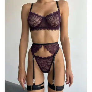 Drak紫色性感吊袜带腿带色情透明内衣女性性感蕾丝内衣