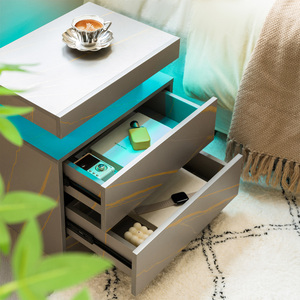 Nightstand LED <b>Bedside</b> Table Cabinet with 2 Drawers Grey Gold Modern Bedroom <b>Storage</b> Drawer Unit - Product Image 2