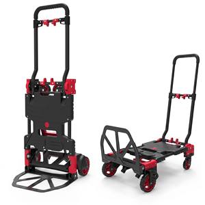 <b>Foldable</b> Hand Cart With Four Wheels Red Plastic Platform <b>Trolley</b> For Shopping And Household Use - Product Image 1