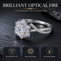 Bague de fiançailles pour femme en moissanite 1 carat, argent sterling 925, taille brillant rond, avec halo floral en zircon cubique et tige torsadée infinie pavée
