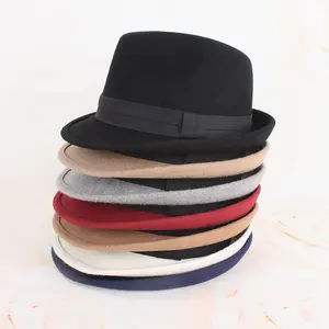 Wholesale Unisex Women Men Hand Made Wool Felt Fedora Hats with Classical Design Black Ribbon Decoration