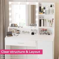 Table de maquillage blanche de style nordique avec miroir LED circulaire rétroéclairé et pieds en bois
