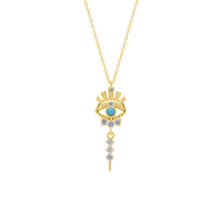 Collier Gemnel en Turquoise et Oeil Turc Blanc CZ, Plaqué Or 14K, Pendentif Soleil S925 à Griffes, Chaîne Câble, Bijoux