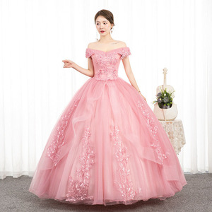 Off The Shoulder Pink Tulle Ball Gown For Women Stage Performance Dress With Floral Embroidery Long Evening Gown - Product Image 4