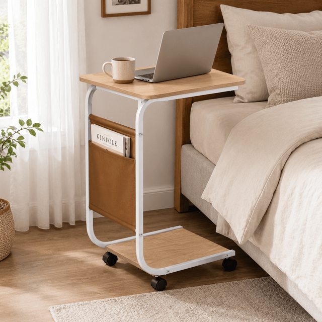 Wholesale C-Shaped Rolling Side Table with Wheels Mobile Bedside Laptop Desk for Sofa Bed with Storage Pocket