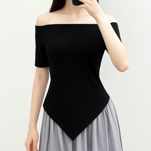 เสื้อเปิดไหล่คอปกคอแหลมดีไซน์เรียบง่ายคอเสื้อติดกระดุมสีน้ำตาลฤดูร้อน - Product Image 2