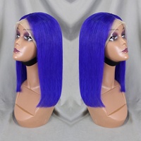 Wig Rambut Asli 100% Model Bob Pendek Grosir 13x4 Lace Front, Lurus Alami HD Transparent Lace Frontal Warna Biru untuk Wanita