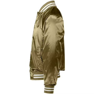 Men's Olive Green Satin Varsity <b>Jacket</b> Regular Fit Casual Style Turn-down Collar Button Closure Autumn Wear - Product Image 2