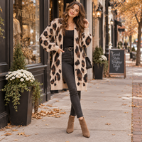 Cardigan long surdimensionné personnalisé pour femme, imprimé léopard, en maille jacquard, à manches ballon, ouvert sur le devant, OEM ODM