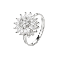 Bague anti-stress rotative en forme de tournesol avec zircone cubique, ton argent, réglable