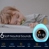 Réveil d'apprentissage du sommeil en forme d'œuf rechargeable pour enfants, avec lumière d'alarme, lumières nocturnes soleil et étoiles, et variateur d'intensité, idéal pour les cadeaux
