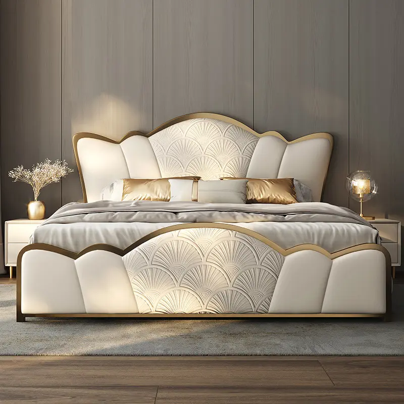 Cama moderna de couro de microfibra com moldura de aço inoxidável dourado para mobília doméstica, conjunto de quarto king size
