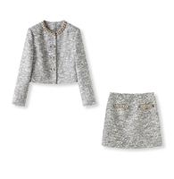 Ensemble tailleur tweed automne-hiver de qualité supérieure pour femme, col rond, manches longues, manteau à simple boutonnage, mini-jupe crayon, 2 pièces avec strass