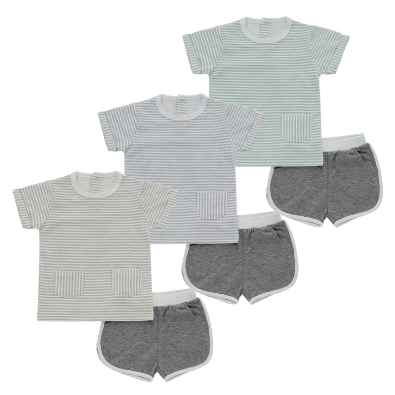 Baby Toddler Clothes Sets 100% Cotton Knitted Short Sleeve Tops and Shorts Kids 2 Pieces Baby Summer Outfits With Pockets Design