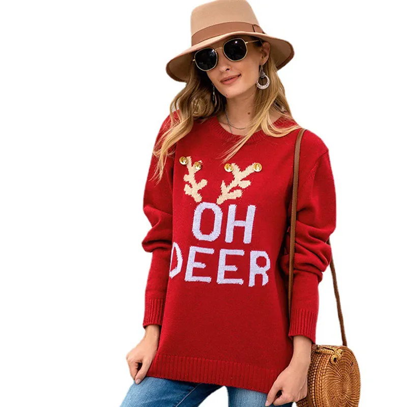 새로운 도착 긴 소매 라운드 넥 니트 패션 크리스마스 풀오버 스웨터 문자와 벨