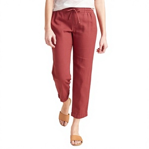 Pantalones informales con frente plano de verano de lino verde profundo para mujer Diseño personalizado ODM lavable sostenible - Product Image 1