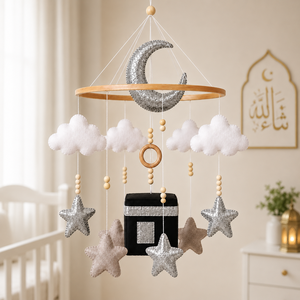 Mobile musical islamique personnalisé en bois pour berceau, avec chansons du Coran et Kaaba, cadeau de naissance neutre pour bébés de 0 à 12 <span class=keywords><strong>mois</strong></span> - Product Image 1