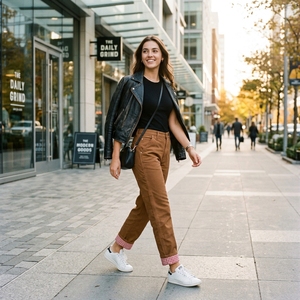 Jeans décontractés pour femmes en coton et élasthanne, taille haute, coupe large, avec boutons sur le devant, passants de ceinture et poches plaquées, longueur intégrale, vente en gros - Product Image 3