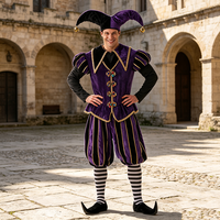 Costume de bouffon médiéval de luxe pour homme en velours violet pour Halloween, carnaval, déguisement avec chapeau à cloche