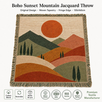 Plaid Sunset Mountain Crème, Forêt, Ocre, Rouille, Terracotta – Style Mid-Century Minimaliste Rustique Bohème pour Canapé – Cadeau de Pendaison de Crémaillère