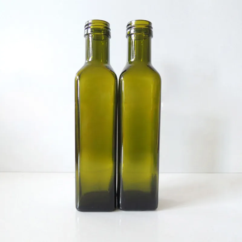 250Ml Botol Kaca Zaitun Hijau Tua Botol Persegi Minyak Kacang Biji Rami Minyak Botol Kaca Dikemas dengan Tutup Sekrup
