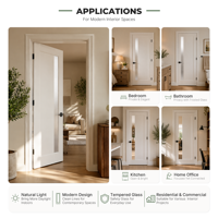 Porte de salle de bain en verre dépoli 1 Lite, porte intérieure en bois HDF, porte de cuisine en bois apprêté blanc, porte insonorisée en MDF à âme pleine