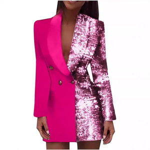 Champagne Gold <b>Sequin</b> Blazer V-Neck Long Sleeve Casual Suit Women's Fashion Coat Four Seasons Wear - Product Image 4
