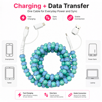Câble de charge USB 4-en-1 à motif damier turquoise avec perles, cordon multi-chargeur Type C, câble de téléphone multi-connecteurs